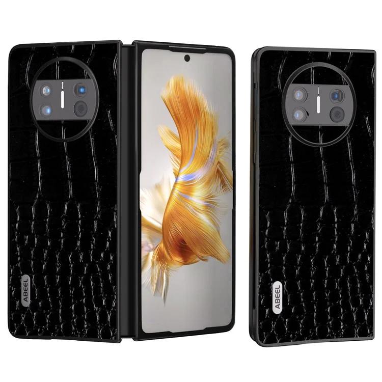 

For Huawei Mate X3 5G Crocodile Texture Shockproof Phone Case Genuine Cowhide Leather Coated PC Black Edge Cover
