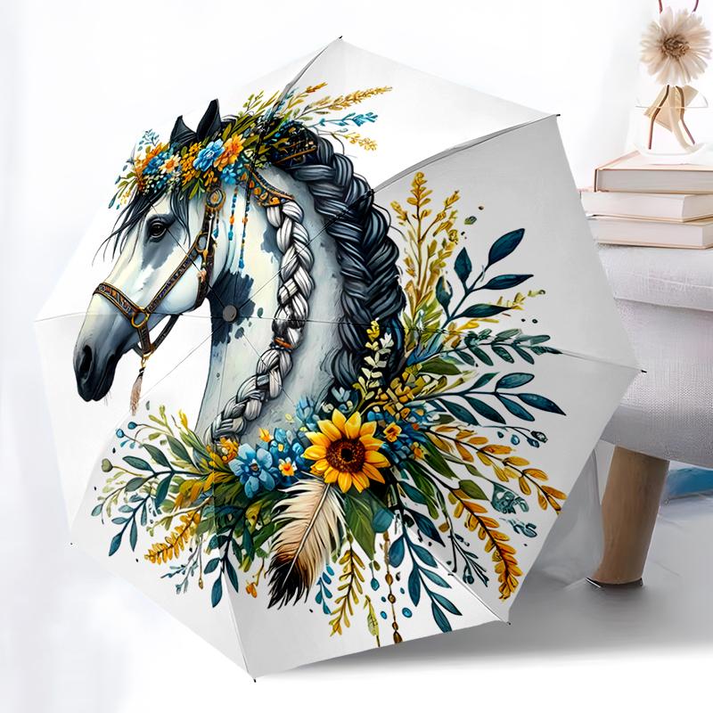 Horse Theme Folding Umbrella - Fashionable Auto-Open Design 8 Iron Ribs Plastic Handle Foldable Sunshade Perfect Christmas Gifts
