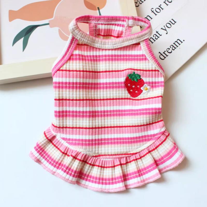 Puppy Summer Clothes Pet Outfit Lace Striped Dog Dress Cat Vest Chihuahua Bichon Yorkie Suspenders Skirt Cute Female Dog Tshirt