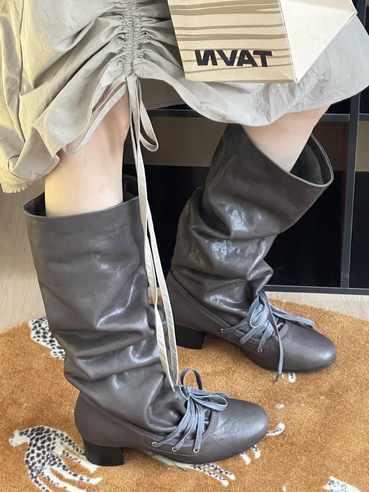 

Sheepskin version retro round head strap pleated pile boots women s thick heel high boots new western cowboy boots long boots 40