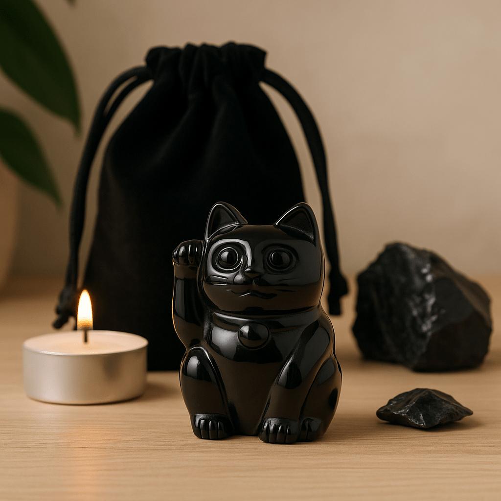 Shamtam Black Obsidian Lucky Cat Figurine, 50X35x25mm