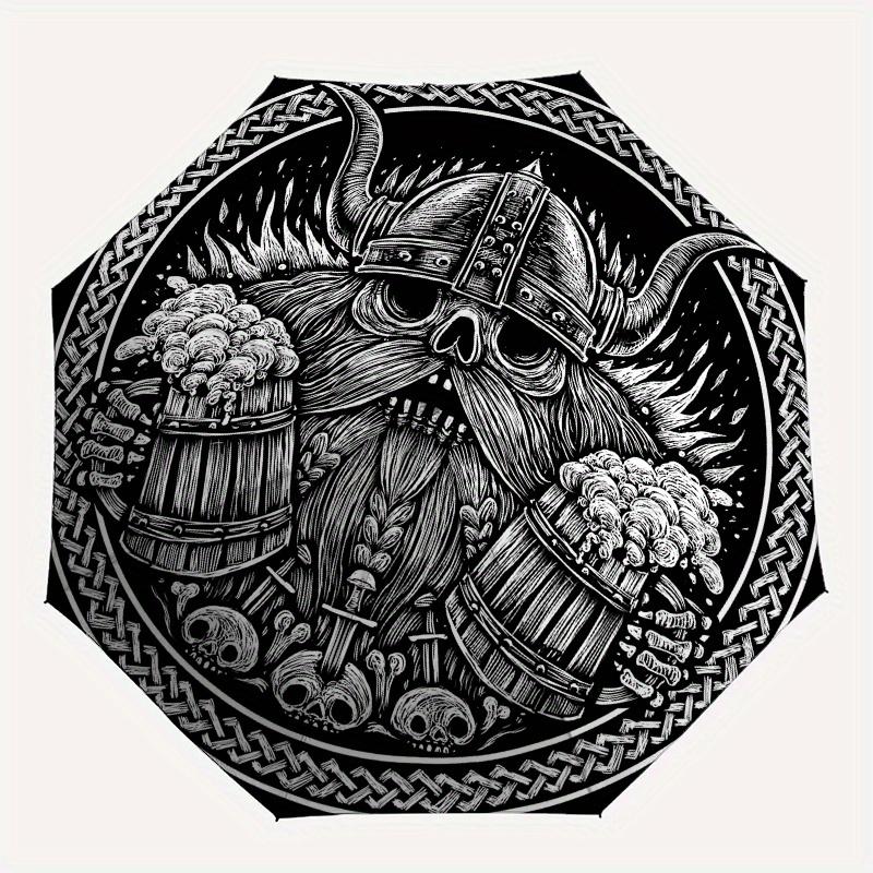 Wikingerkrieger Totenkopf mit Hörnern Runder Aufkleber DecalRegenschirm, Tragbarer 3-Fach Kompakter Regenschirm,Weihnachtsgeschenk ES405