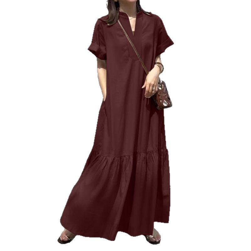 Spring/Summer 2025 Fresh Sweet V-Neck Loose Short Sleeve Fishtail A-Line Dress