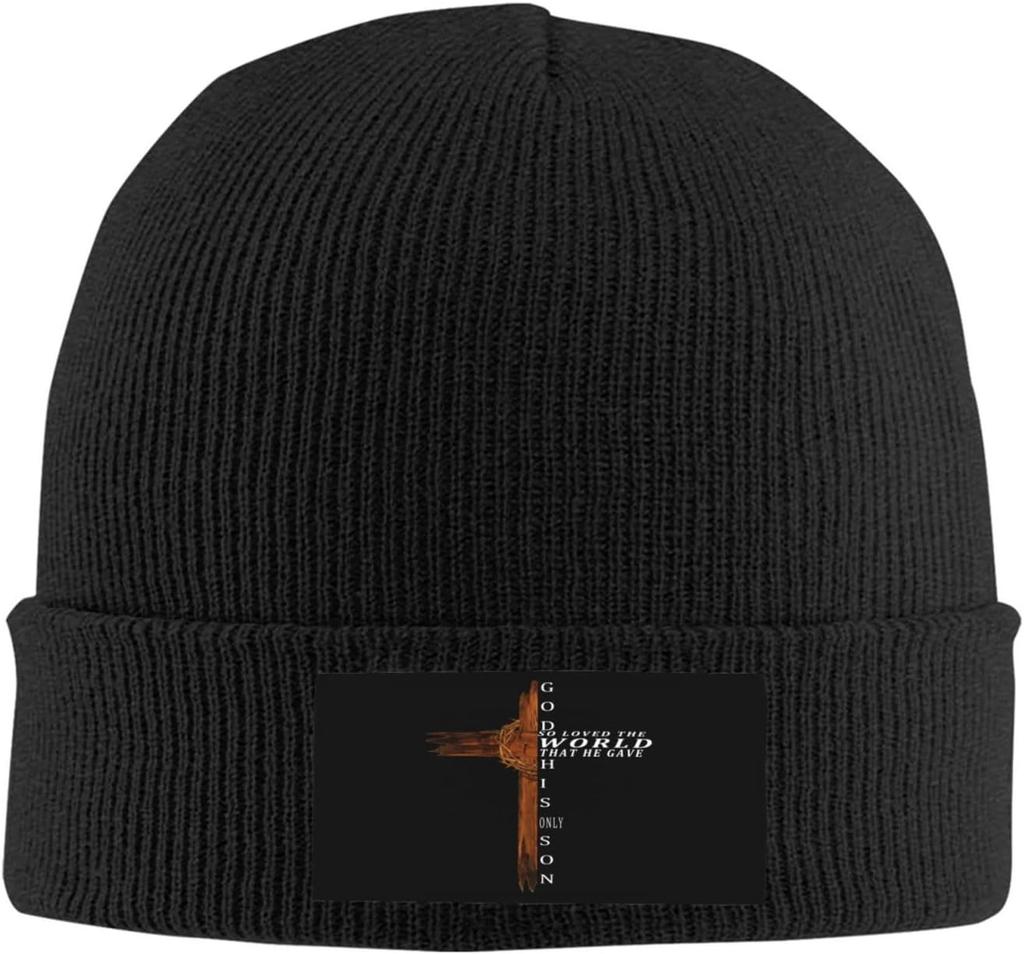 Black Knitted Beanie with Faith Over Fear  Cross Patch Religious Inspirational Winter Warm Skull Cap for Unisex Women