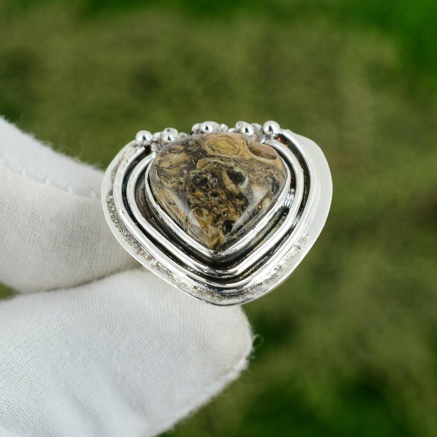 Natural Turritella Agate Gemstone 925 Silver Promise Adjustable Ring For Girls