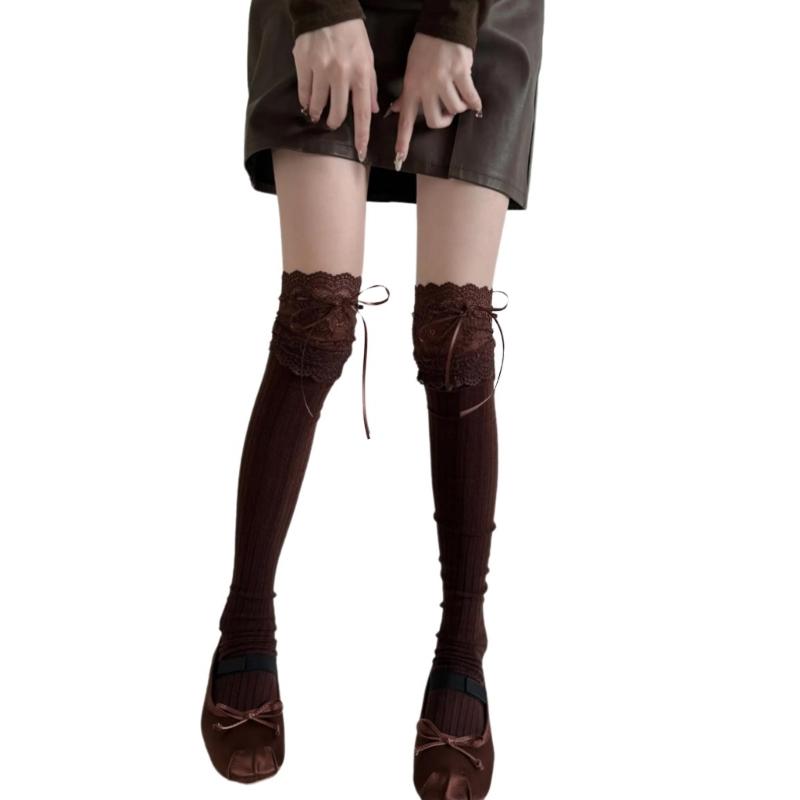 Ribbed Knit Striped Over Knee Long Socks for Women Japanese Student Sweet Bowknot Lace Splicing Thigh High Stockings