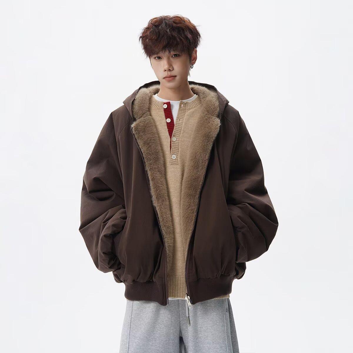 Men s Retro American Eagle Plush Hooded Jacket: Warm, Thick, Loose Fit Winter Cotton Coat M