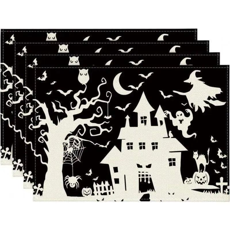 4PCS Halloween Table Placemats 30*45cm Linen Ghost Festival Atmosphere Table Mat Bat Pumpkin Spider Web Dining Table Decorations