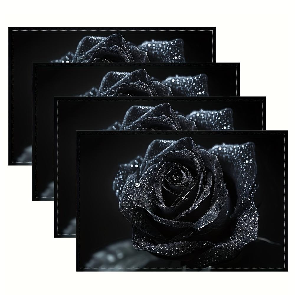 Black Rose Placemats Set of 4 Elegant Floral Design Linen Table Mats for Kitchen Dining Home Decor Gift 4PCS