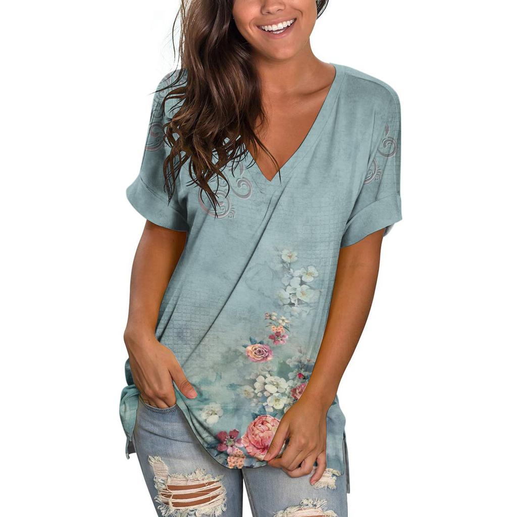 Summer V-neck 3D Coconut Tree Flowers Printed Top Fashionable Casual Short Sleeved Women's T-shirts
