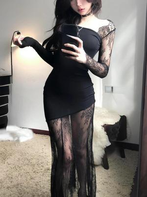 Fransa Seksi Y2k Gotik Elbise Kadın Dantel Düzensiz Düz Patchwork Vintage Elbiseler Kadın Zarif İnce Moda Parti Midi Elbise