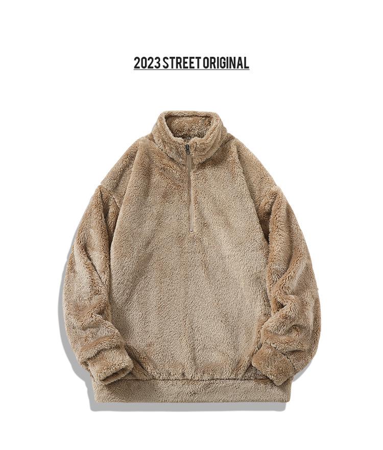 2025 Men's Arctic Fleece Half-Zip Hoodie - Casual Loose Fit, Warm Fluffy Stand Collar Pullover