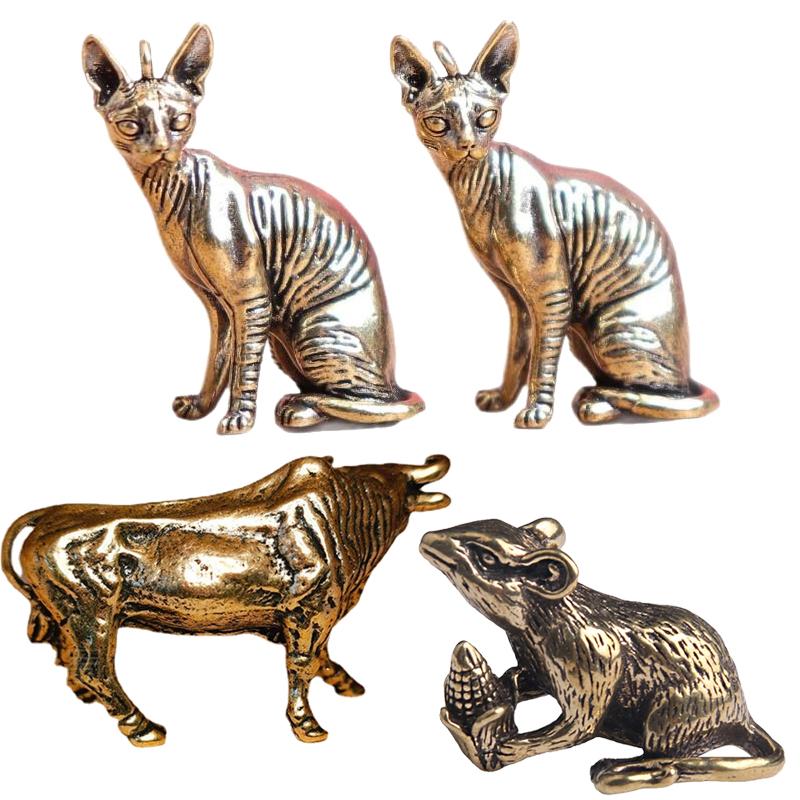 Brass Hairless Cat Small Statue Desktop Ornaments Vintage Animal Figurines Model Lucky Home Decorations Crafts Accessories
