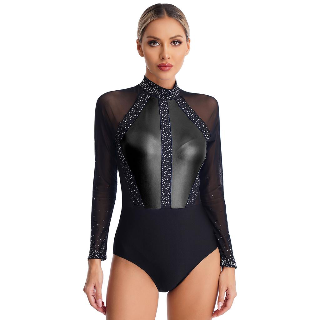 Womens Figure Skating Bodysuit Color Block Patchwork Keyhole Back Sheer Mesh Long Sleeve Rhinestone Leotard