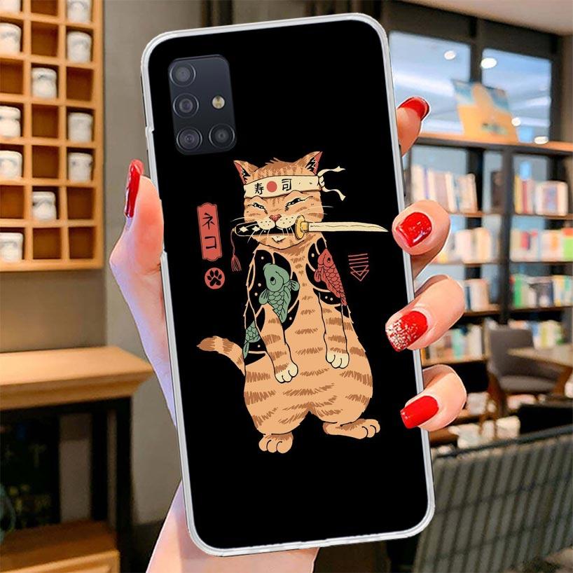 Ramen Sushi Samurai Tattoo Cat Cover Phone Case For Samsung Galaxy A12 A22 A32 A52 A72 A02S Phone Case Note 20 Ultra 10 S10 Plus