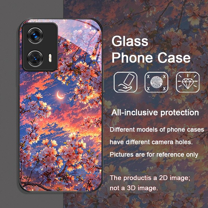 Moon Cherry Blossom Pattern Scenery Tempered Glass Phone Case for Motorola Moto G85 G84 G75 Edge 50 Fusion 40 Neo 30 Pro Covers