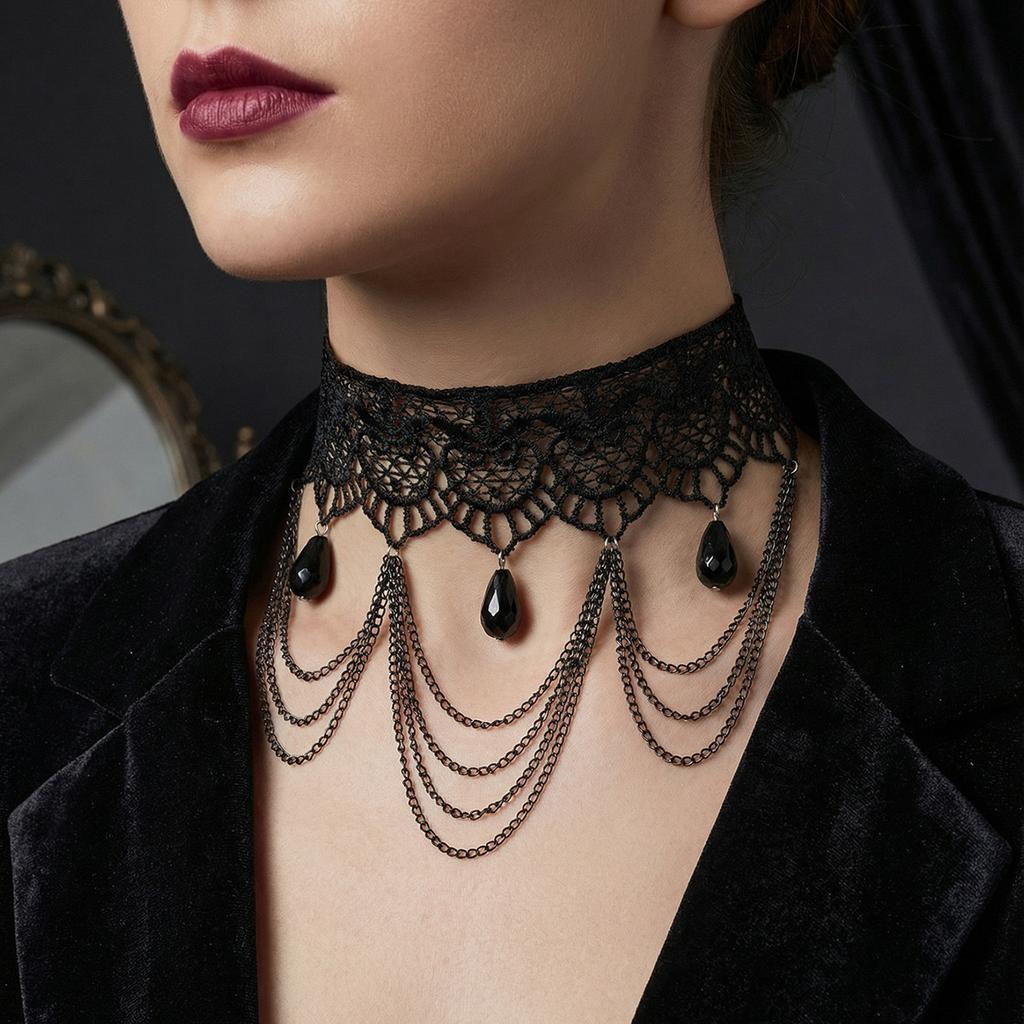 Gothic Lolita Chocker Collar, Japanese Retro Black Lace Multi-layer Chain Necklace