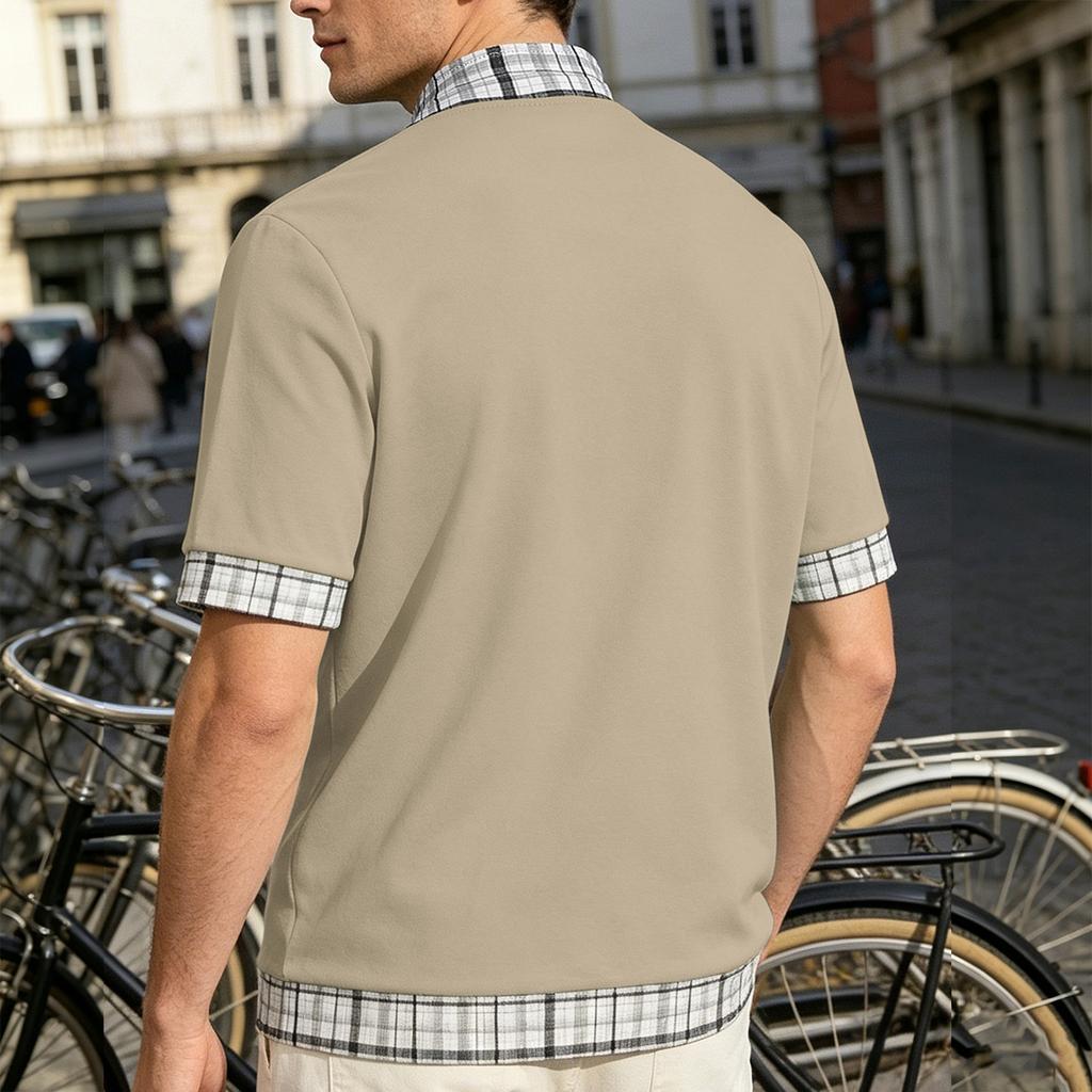 Men's Short Sleeve Polo Shirt with Half Zip Collar Layered Look Casual Loose Fit Big Size Plaid Pattern