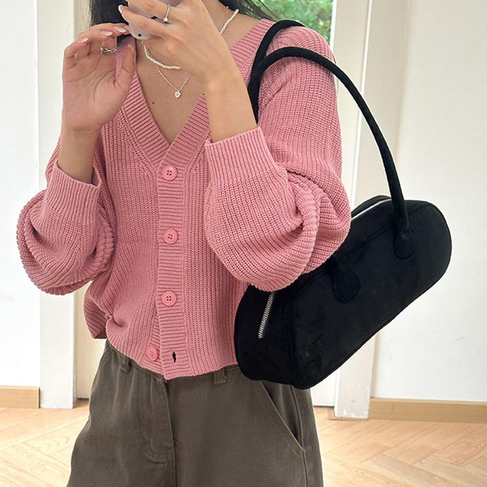 Women Suede Boston Tote Bag Suede Shoulder Bag Zipper Bowling Handbag Solid Color Multi-pocket Clutch Purse for Shopping Travel