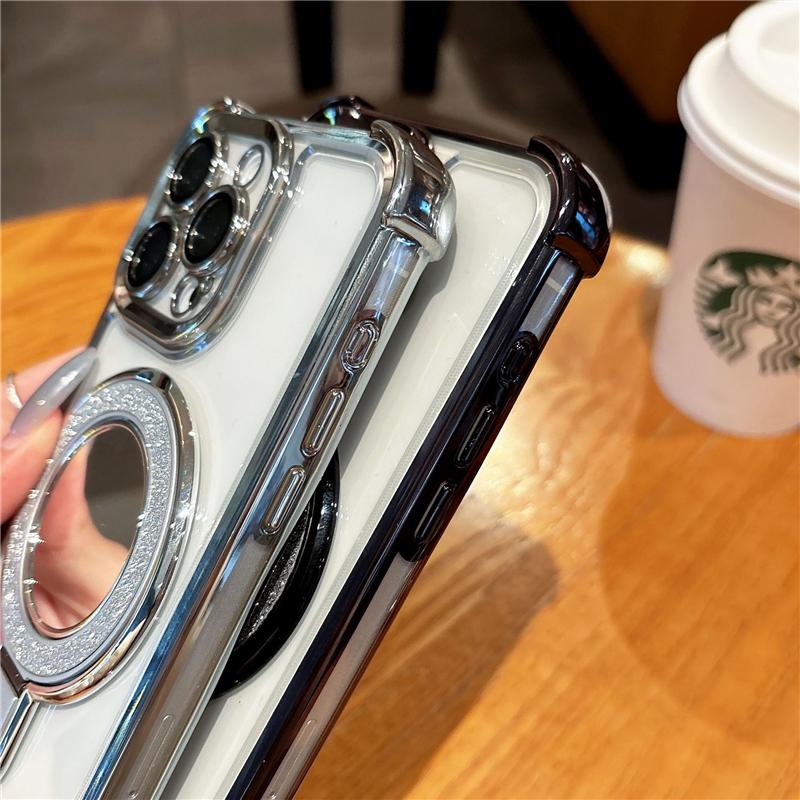 Luxury Plating Flash Mirror Clean Frame Bracket Stand Phone Case For iPhone 11 13 14 15 Plus 16E 16Pro Max Lens Protective Cover