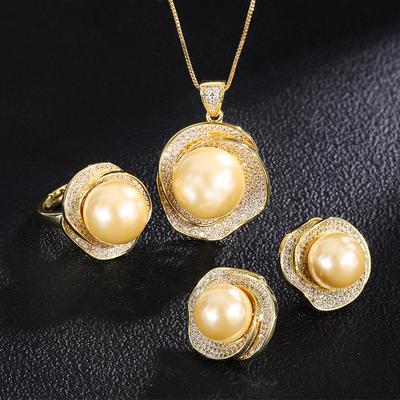 Jewelry 18K Gold Shell Beads Rose Geometric Diamond Ring Pendant Earrings Women'S Set