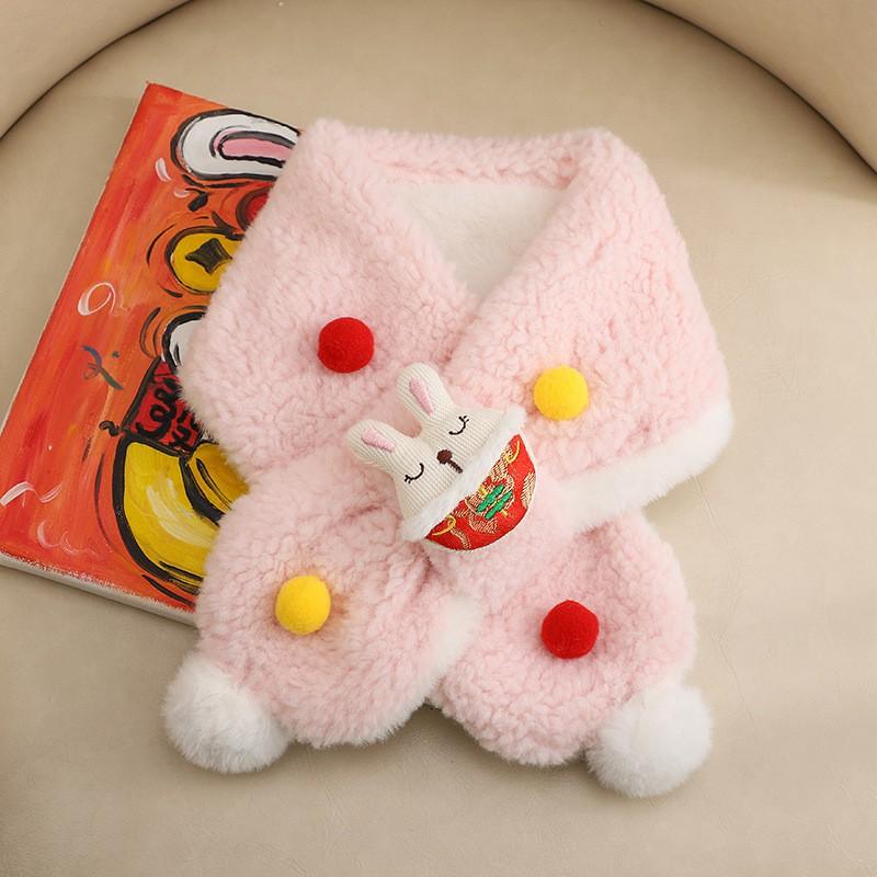 Cute Cartoon Rabbit Pompom Scarf Winter Warm Knitted Neck Warmer Women Men Unisex Fashionable Red Festive Accessory