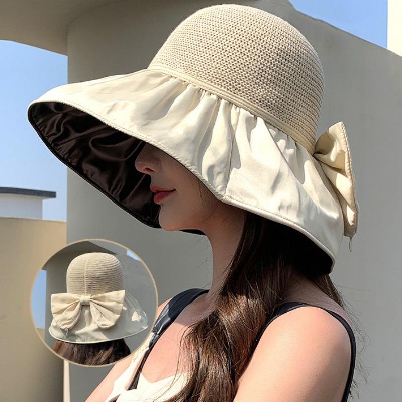 Bow Sun Protection Hat Women's Summer Sun Hat Large Overhang Hollow Fisherman Hat Outdoor Sun Hat