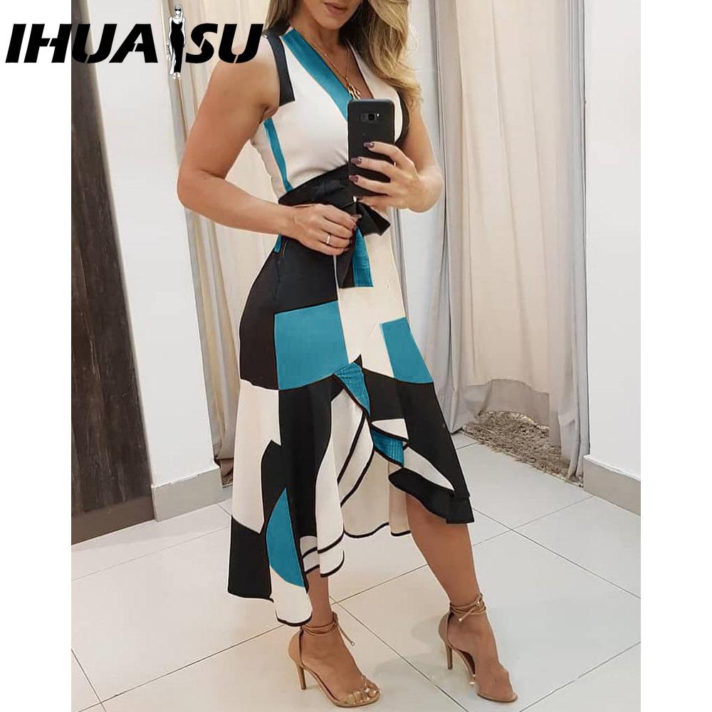 

IHUASU Новое модное женское платье-майка без рукавов с V-образным вырезом и красочным принтом XL синий