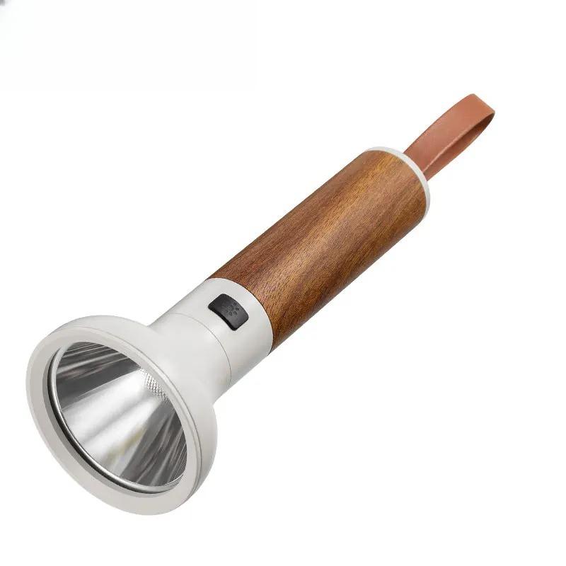 Powerful LED Strong Light Flashlight Aluminium Alloy Torch Imitation Wood Grain Built-in Battery Outdoor Waterproof Camping Lamp