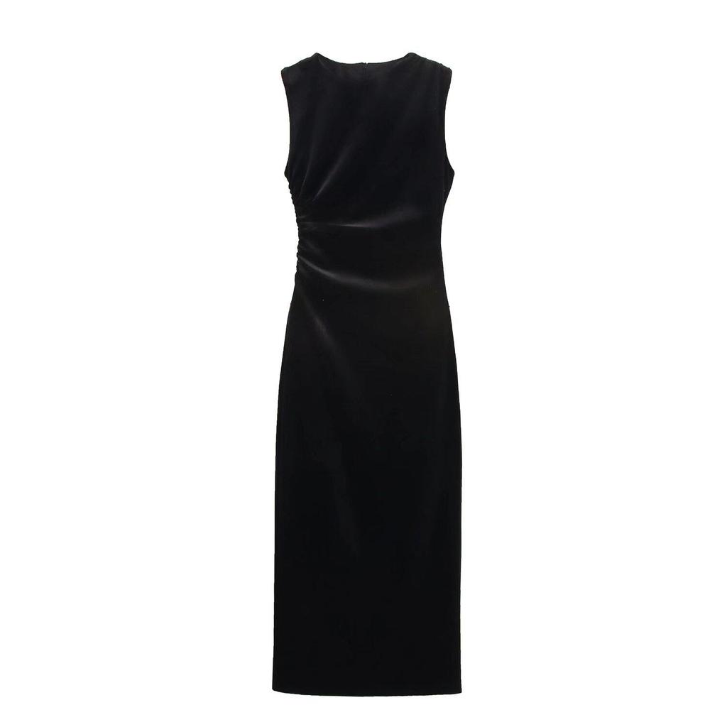 2025 Spring Velvet Pleated Midi Dress: Women's Elegant, Slim, Versatile Fashion.