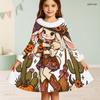 Girls High Neck Furry Trim Long Sleeve Halloween Tiger Printed A Line Flared Dress