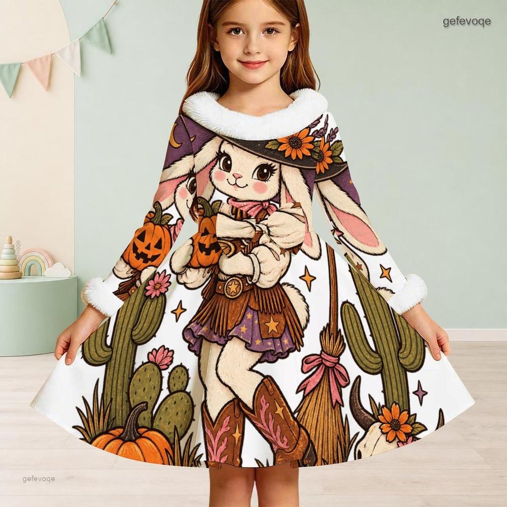 Girls High Neck Furry Trim Long Sleeve Halloween Tiger Printed A Line Flared Dress