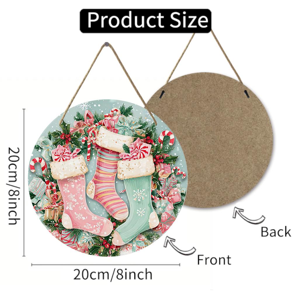 Vintage Christmas stocking print decorative Round Wooden Hanging Plaque festive natural wood wall sign holiday home decor front door ornament