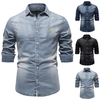 Herr Casual Enfärgad Långärmad Enkelknäppt Revers Denimskjorta Herr Casual Mode Långärmade Skjortor