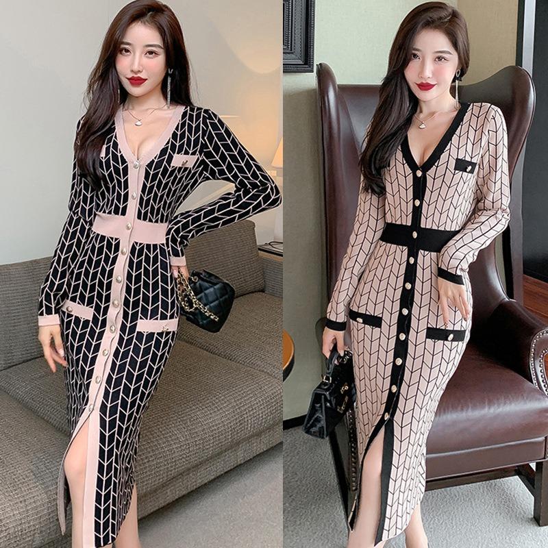 Striped Knitted Dress Women's Autumn and Winter New V-neck Fashion Button Slim Split Hip Skirt