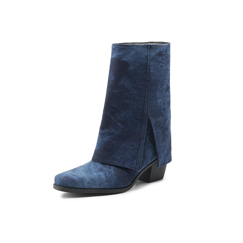 Cowboy Western Boots Women's Denim Mid Calf Boots Turndown Split Chunky Heels Shoes Slip On 2024 Autumn Winter Footwear