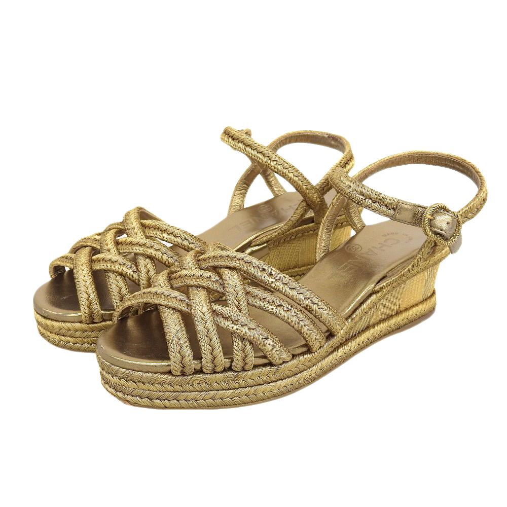 Chanel Metall CC Logo Geflochtene Keilsandalen Espadrilles Damen Gold Größe 36C G28947 Schuhe 36C gold Gebraucht