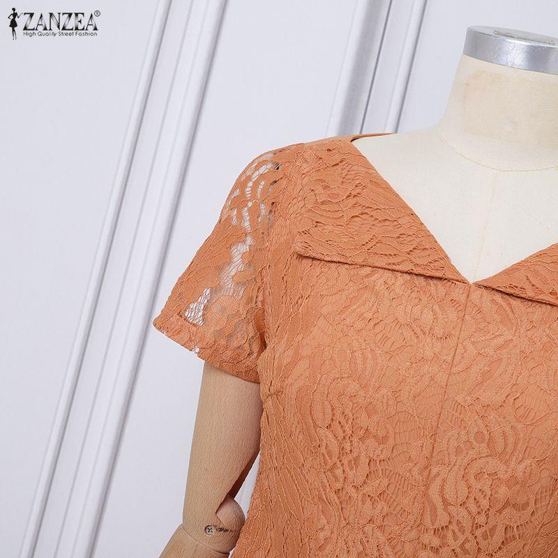 ZANZEA Women Casual V-Neck Short Sleeve Hollow Lace Patchwork Elegant Dress