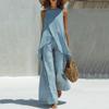 Completo Due Pezzi da Donna con Tunica Senza Maniche, Girocollo e Pantaloni a Gamba Larga, Leggero, Casual, per Estate e Primavera