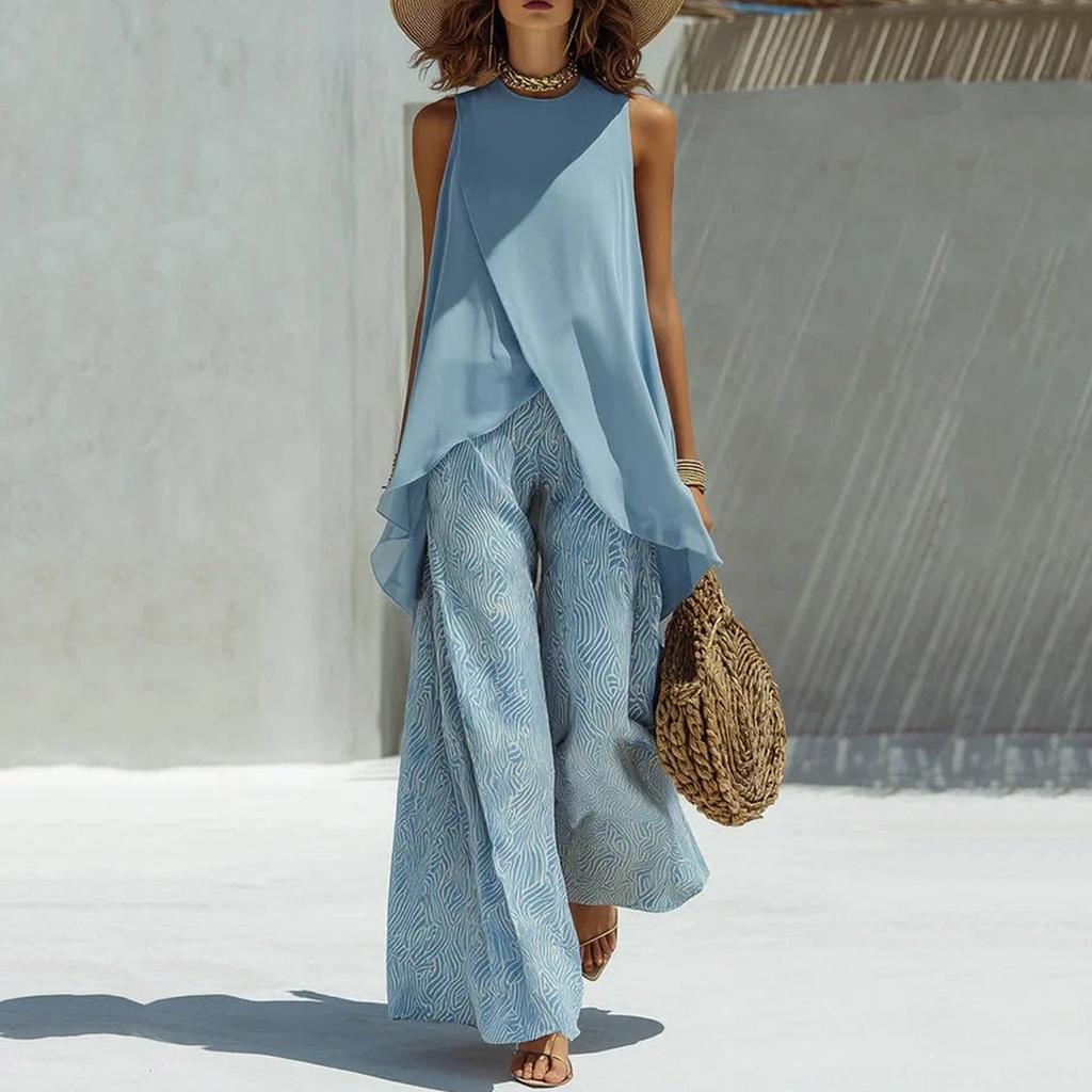 Completo Due Pezzi da Donna con Tunica Senza Maniche, Girocollo e Pantaloni a Gamba Larga, Leggero, Casual, per Estate e Primavera