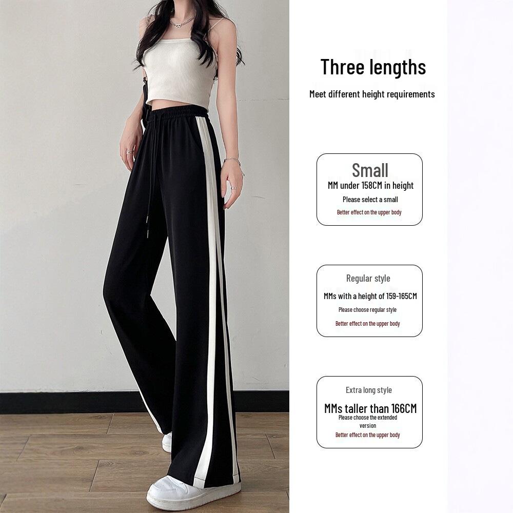 Women's Ice Silk Wide-Leg Sports Pants - Black, Thin, Straight, Loose, Casual Style for Spring, Summer, and Autumn