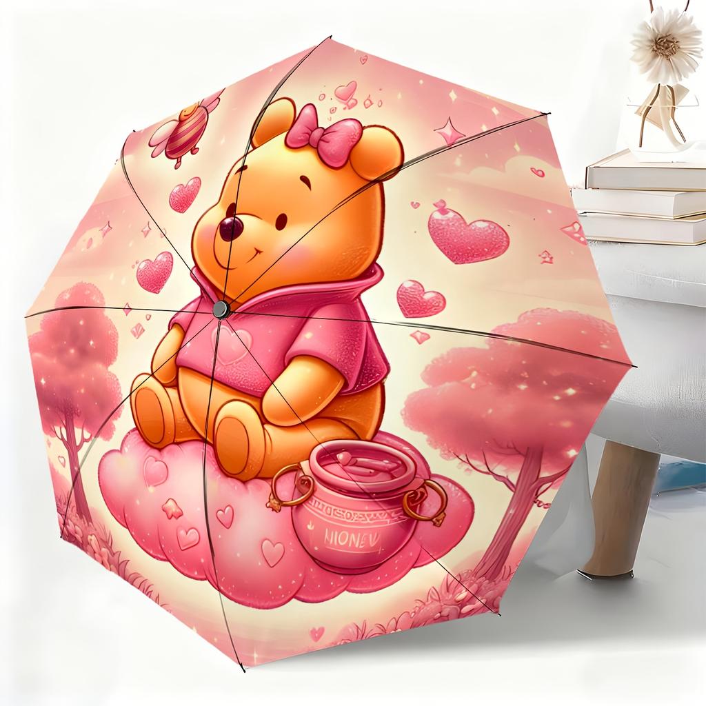 Disney Minnie Mouse Pink Heart & Floral Print Folding Umbrella, Windproof Auto Open/Close Travel Umbrella, Portable Waterproof R