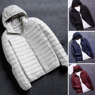 Winter Men Coat Ultra Lightweight Hood Solid Color Thin Cotton Padded Zipper
