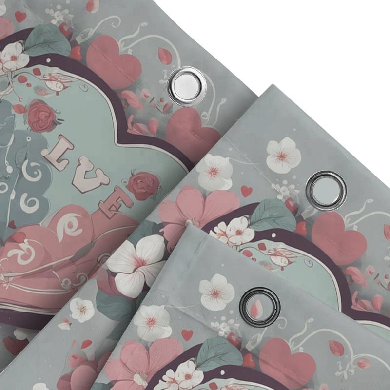 Love Heart and Floral Shower Curtain - Romantic Bathroom Decor