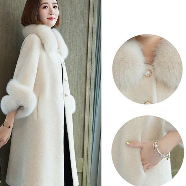 Casaco Longo de Pele Faux Mink Feminino Quente Elegante Gola de Pele de Raposa Artificial Lã de Ovelha Outono Inverno Jaqueta de Pele Casaco Feminino