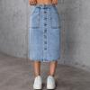 Damen Hohe Taille Bleistift Denim Midi Rock Street Style Null Stretch Knopfleiste Vorne Frühling Bodycon Schlitz Freizeit Wadenmitte Rock