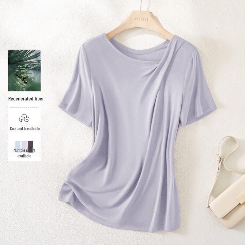 IHIMI Women s Asymmetric Draped Collar Short Sleeve T-Shirt S