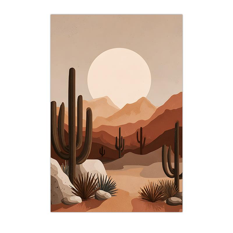 Boho Landscape Wall Art, Desert Plant Sunset Canvas Painting, Cactus Botanical Poster Print for Bedroom Living Room Decor