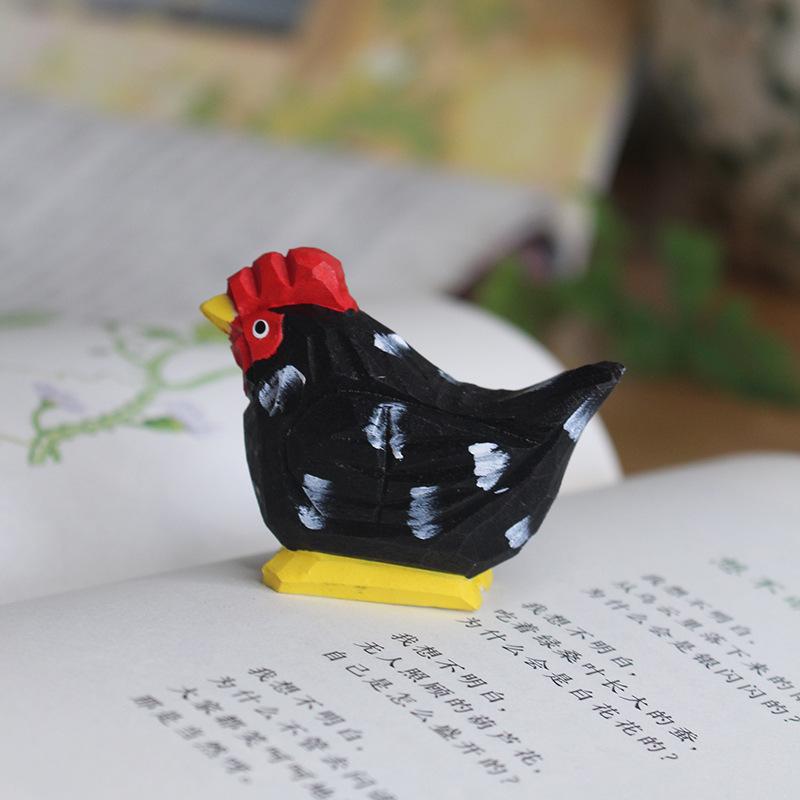 Wooden Small Reed Flower Rooster Figurine Cute Miniature Zodiac Chicken Figures Book Nook Ornament Cartoon Animal Wooden Gift