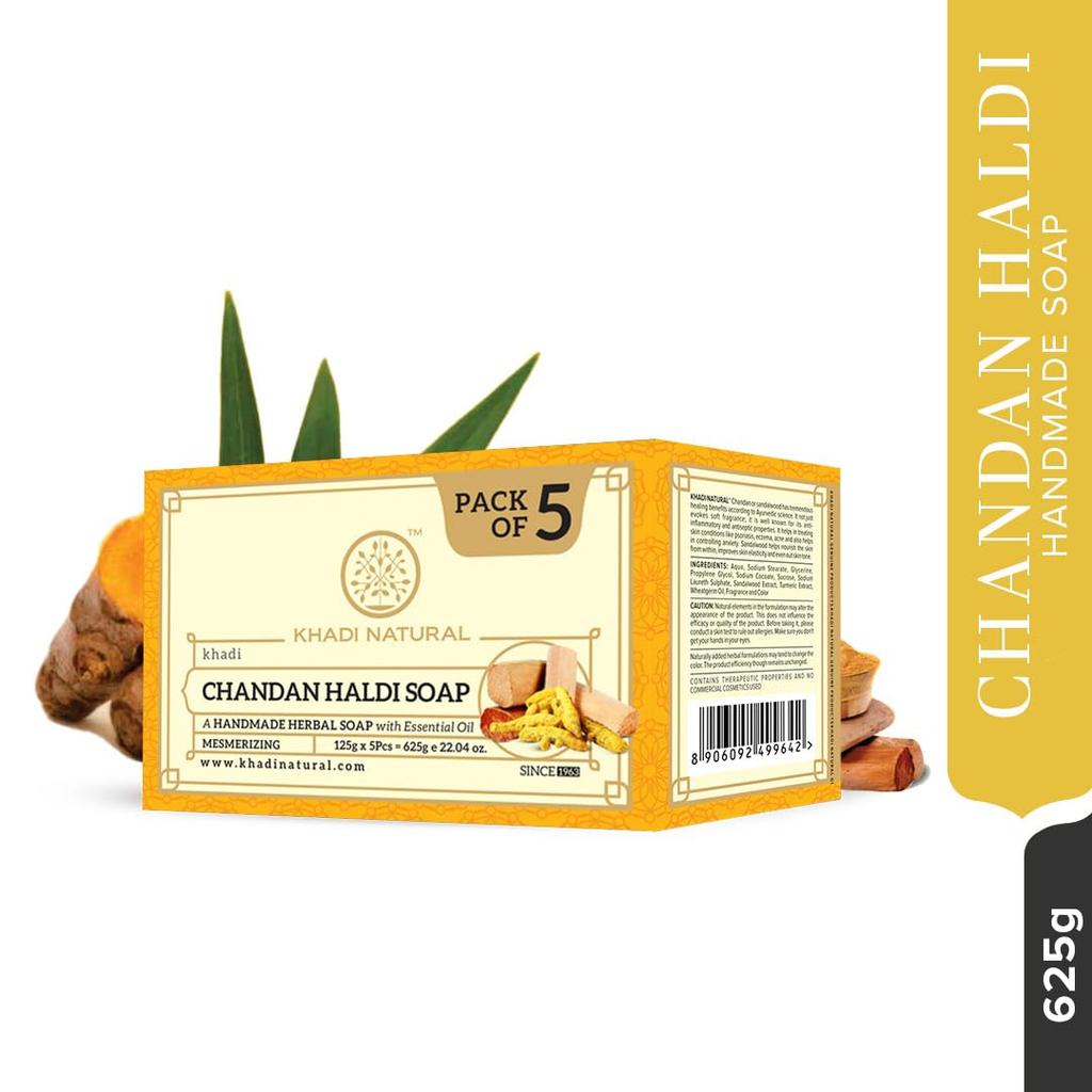 Khadi Natural Chandan Haldi Herbal Bath Soap With Essential Oils For Gentle Cleansing And Skin Care (125 g X  5 pcs )Pack Of 1